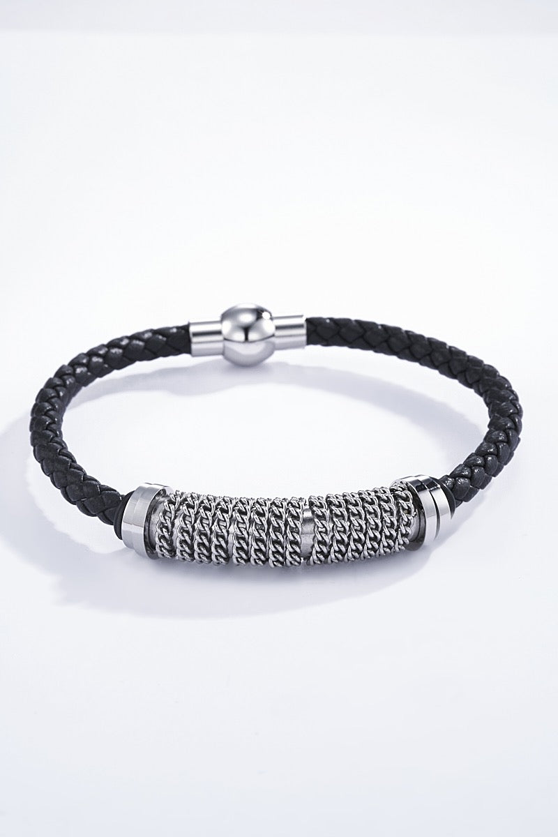 Bracelet homme en cuir et acier inoxydable version argent