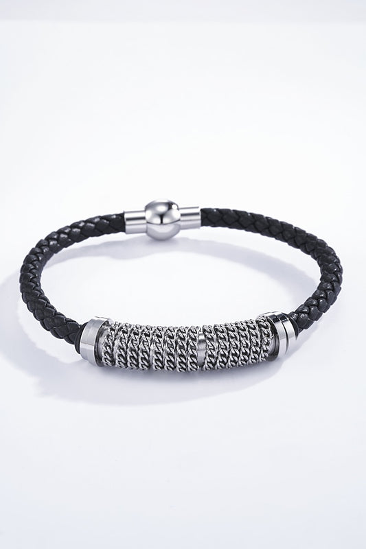 Bracelet homme en cuir et acier inoxydable version argent