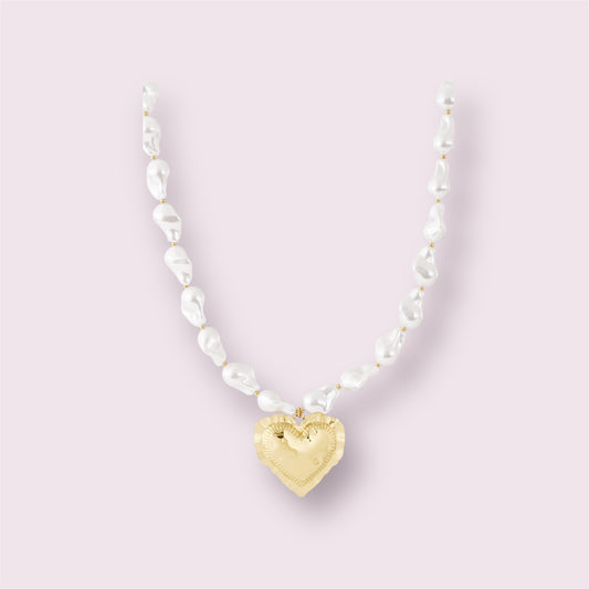 Any- Collier perles et pendentif gros cœur