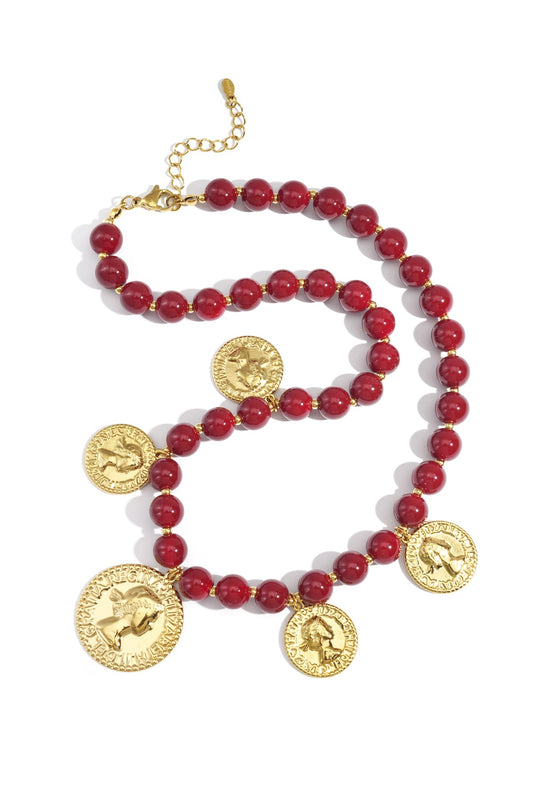 Tory- Collier perles rouges et breloques en acier inoxydable